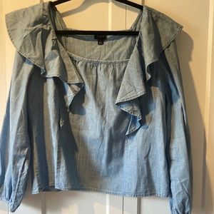 J crew chambray ruffle neck long sleeve top